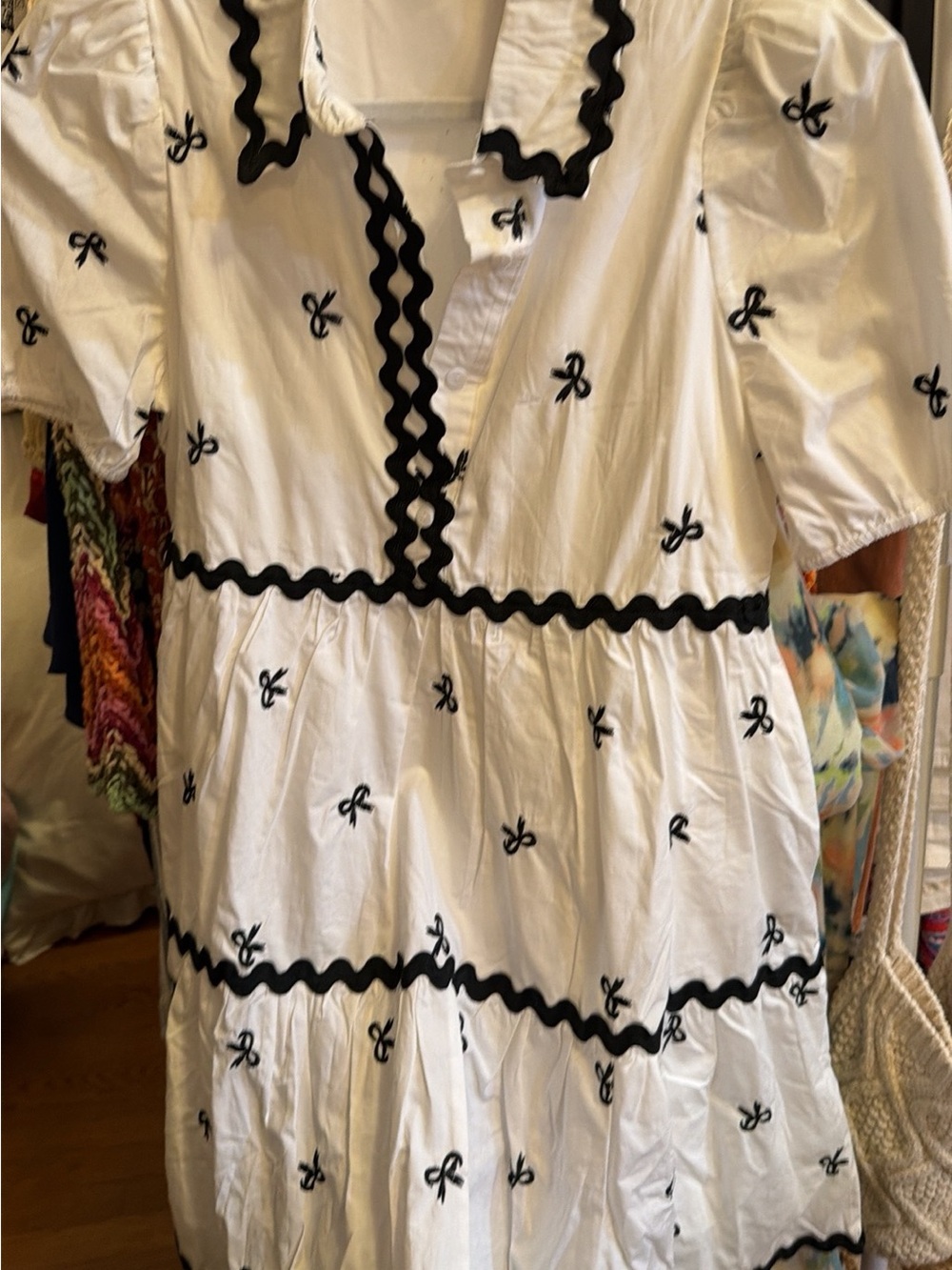 C White Midi Dress with Black Rickrack Trim and Bow Embroidery